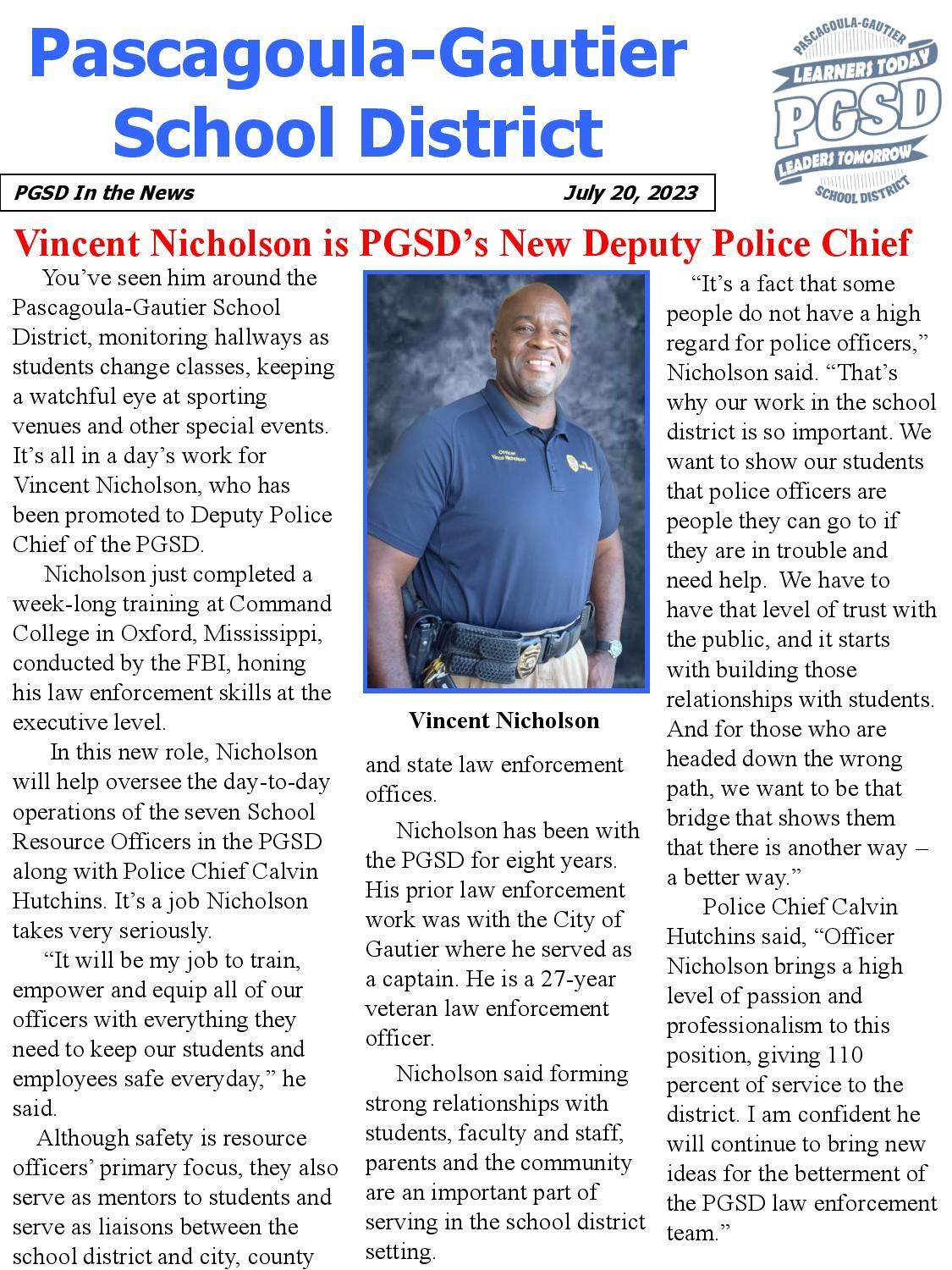 Vince Nicholson Named as PGSD's New Deputy Police Chief